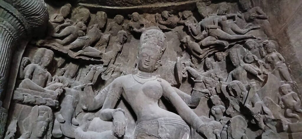 Rock-cut sculpture at the Elephanta Caves near Mumbai