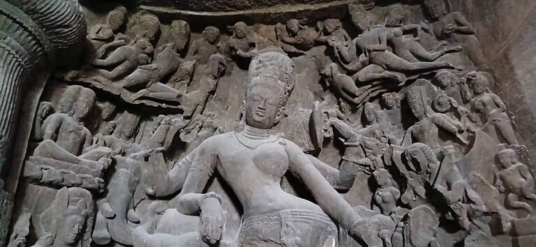 Rock-cut sculpture at the Elephanta Caves near Mumbai