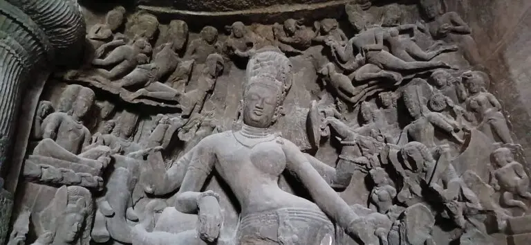 Rock-cut sculpture at the Elephanta Caves near Mumbai