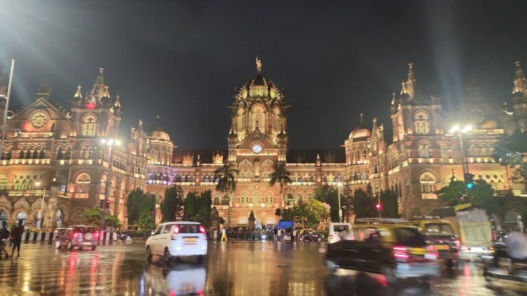 Victoria terminus lit up at night on a Mumbai night tour