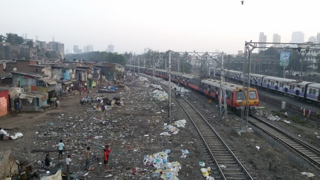 Homes alongside the railway line in Dharavi, Mumbai, 2015