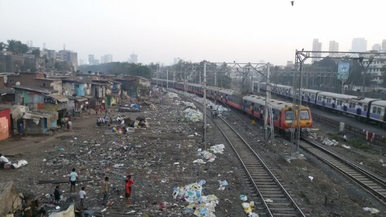 Homes alongside the railway line in Dharavi, Mumbai, 2015